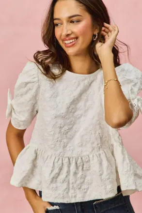 So Me Floral Jacquard Short Sleeves Peplum Ribbon Top In White