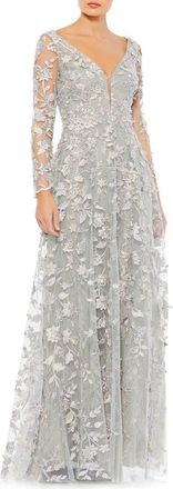 Mac Duggal Floral Applique Long Sleeve Illusion Gown in Platinum at Nordstrom, Size 10