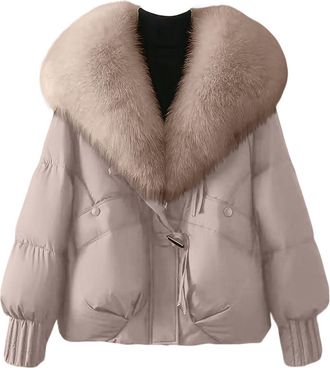 Generic Womens Faux Fur Collar Puffer Jacket with Pockets Quilted Padded Short Parka Coat Windproof Warm Winter Outerwear Plus Size Batwing Sleeve Snow Parka 