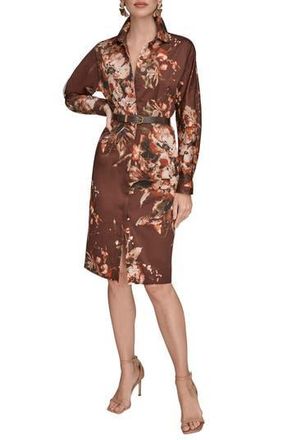 DKNY Floral Long Sleeve Belted Stretch Cotton Shirtress in Oxblood Multi at Nordstrom Rack, Size 6