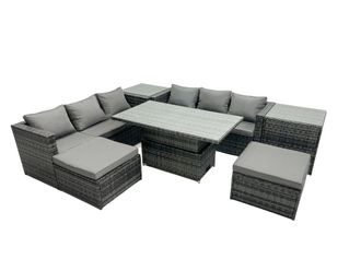Fimous Rattan Dining Table Sofa Set with 2 Side Tables 2 Stool Outdoor 8 Seat in Dark Grey