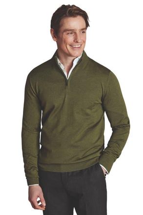 CHARLES TYRWHITT Pure Merino Zip Neck Sweater in Moss Green at Nordstrom, Size Small