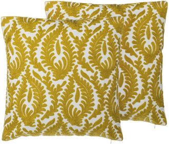 Beliani Conjunto De Cojines Decorativos De Algod&oacute;n Amarillo Con Un Tono Caqui Patr&oacute;n De Hoja 45 X 45 Cm Decoraci&oacute;n Moderna Floral Primula