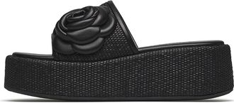 Loriblu Rafia Sleehak Mules met Bloem - Dames - Sleehakken - Zwart - 37 EU - Leer - Schoenen