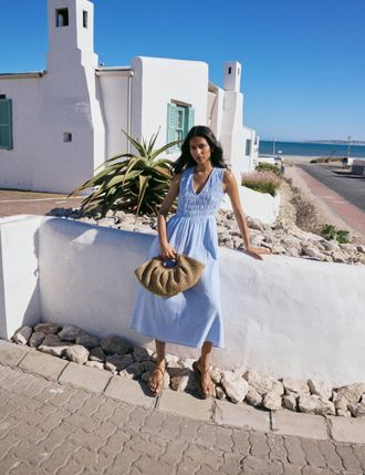 Nobody's Child Blue Ruched Sleeveless Audrey Midi Dress