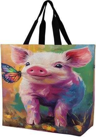 Generic Colorful Pigs Butterfly Large Reusable Shopping Bag Lightweight Foldable Tote Bags Washable Shoulder Handbag