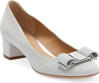 Ferragamo Salvatore Ferragamo Vara Bow Glitter Pump in Argento at Nordstrom, Size 8.5