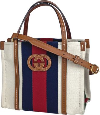 Gucci Beige Brown Canvas Leather Shoulder Bag Tote Bag (Pre-Owned)