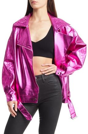 Azalea Wang Metallic Faux Leather Moto Jacket in Fuchsia at Nordstrom, Size Large