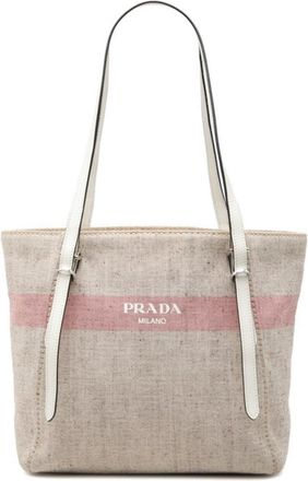 Prada Beige Multi-Color Canvas Leather Pouch Tote Bag (Pre-Owned)