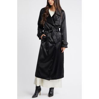 Open Edit Belted Satin Trench Jacket in Black at Nordstrom Rack, Size Large