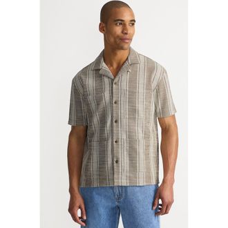 Lands End Short Sleeve Textured Jacquard Camp Collar Shirt - Set Top in Toasted Rye Stripe at Nordstrom, Size Xx-Large