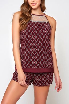 iCollection Geometric Print Lace Halter Cami & Shorts Pajama Set in Burgundy at Nordstrom, Size Medium