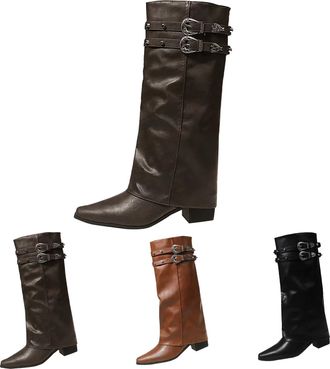 Generic Fold Over Boots for Womens Slouchy Pointed Toe Mid-Calf Boots with Adjustable Buckle Ladies Chunky Low Heel Platform Pull-On Shoes Comfort Leather Non