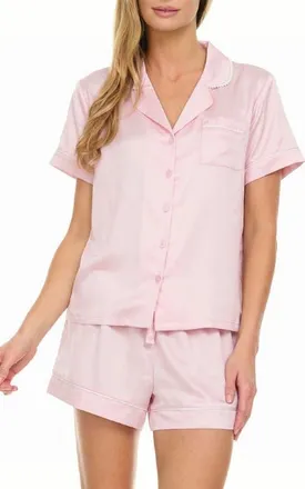 Flora Nikrooz Satin Short Pajamas with Faux Pearl Trim in Blush at Nordstrom, Size X-Small