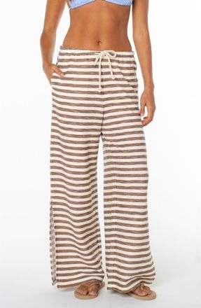 Roxy Beach Breeze Stripe Drawstring Waist Stretch Cotton Pants in Brownie at Nordstrom, Size Xx-Large
