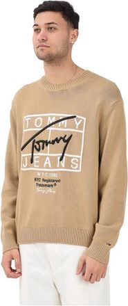 Tommy Jeans Signature Logo Sweater - Heren - Ronde hals truien - Bruin - XL - Katoen - Truien & Vesten