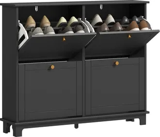 HOMCOM Narrow Shoe Cabinet with 4 Flip Drawers Adjustable Shelves - Black | TJ Hughes