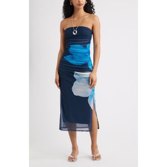 Open Edit Ruched Strapless Mesh Dress in Navy- Blue Hibiscus at Nordstrom, Size Xx-Small