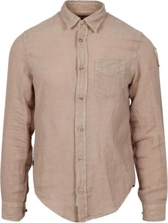 Blauer Linnen Overhemd met Lange Mouwen en Zak - Heren - Casual Overhemden - Beige - L - Linnen - Overhemden