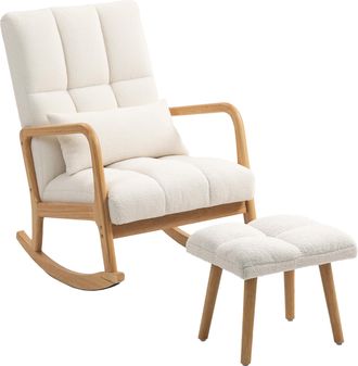 OEM Silla Mecedora Con Reposapi&eacute;s Tapizado En Boucl&eacute; Coj&iacute;n Acolchado Y Reposabrazos Y Patas De Madera Carga 120 Kg Blanco