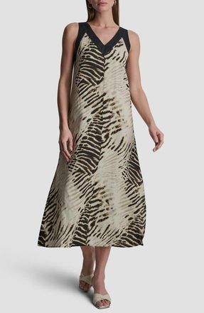 DKNY Print Colorblock Linen Midi Dress in Brushed Sandbed/Black at Nordstrom, Size X-Small
