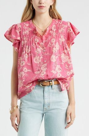 Treasure & Bond Floral Cotton Pintuck Flutter Sleeve Top in Pink Cottage Foral Stripe at Nordstrom, Size Xx-Large