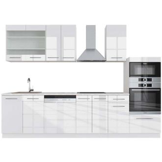 Vicco Cucina componibile Fame-Line, Bianco lucido/bianco, 300 cm con armadio alto, pl Marmo