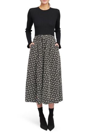 En Saison Brynn Mixed Media Long Sleeve Midi Dress in Black at Nordstrom, Size Medium