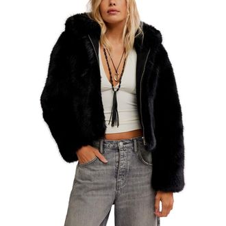 Free People Louder Please Hooded Faux Fur Jacket in Black at Nordstrom Rack, Size X-Small