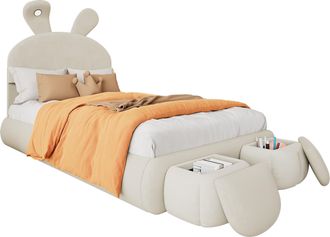 STILVORA Cama Infantil 90 X 200 Cm De Terciopelo Con Cabecero De Conejo, Taburete De Almacenamiento Redondo, Led, Sin Colch&oacute;n, Beige