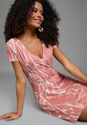 Laura Scott Sommerkleid LAURA SCOTT, Damen, Gr. 34, N-Gr, rosa, gemustert, Jersey, Obermaterial: 95% Viskose, 5% Elasthan, gemustert, ausgestellt mini, V-Ausschni