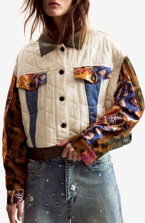 Desigual Quilted Trucker Jacket in White at Nordstrom, Size X-Small