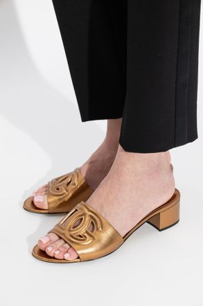 Dolce & Gabbana Heeled Slides With Logo, Womens, Gold