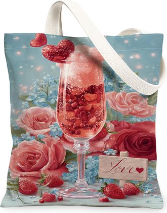 Generic Floral Canvas Tote Bags, Vintage Romantic Flower Pattern Reusable Grocery Bags, Lightweight Washable Shoulder Strap Canvas, Peach, 13x15 Inch