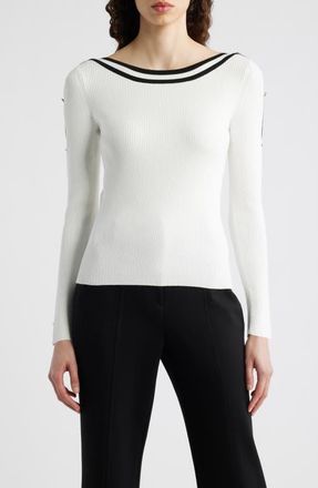 Elie Tahari The Abbie Rib Sweater in Sky White /Noir at Nordstrom, Size X-Large