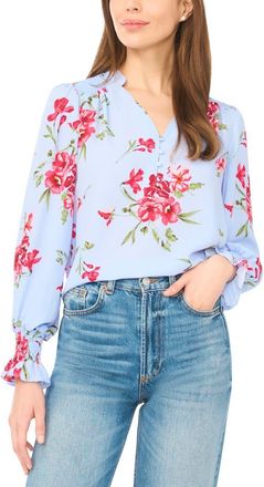 CeCe by Cynthia Steffe Floral Half Placket Smocked Accent Top in Windsurfer at Nordstrom, Size X-Small