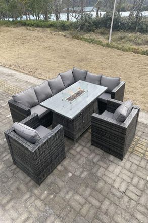 Fimous Outdoor Corner Sofa Burner Gas Fire Pit Table Sets Heater Lounge Chairs 8 Seater in Dark Grey