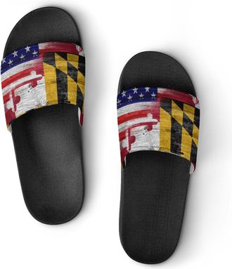 Generic U.S. And Maryland State Flag Shower Shoes Slipper for Women Men Beach Slippers Quick Drying Non Slip Open-Toe Sandals