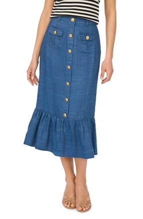 CeCe by Cynthia Steffe Button-Up Denim Midi Skirt in Med Indigo at Nordstrom, Size 12