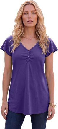 Roaman's Plus Size Cotton Ultimate Flutter Sleeve Sweetheart Tee in Midnight Violet at Nordstrom, Size 32