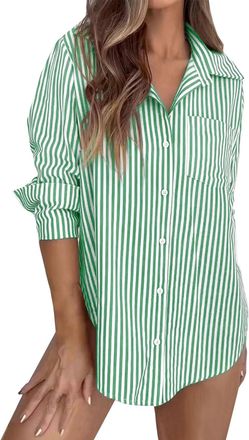 Generic Womens Oversized Striped Shirt - Button Down Long Sleeve, Boyfriend Style with Collar, Work Business Blouse, Features Practical Pocket(Green, XXL)