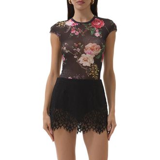 AFRM Nina Print Cap Sleeve Mesh Top in Noir Summer Rose at Nordstrom, Size Medium