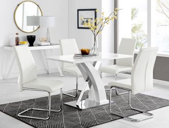 Furniturebox Atlanta White High Gloss & Chrome 4 Seater Dining Table with X Shaped Legs & 4 Faux Leather Lorenzo Chairs