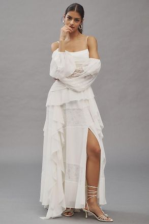 BHLDN Removable Sleeve Lace Chiffon Ruffled Maxi Dress