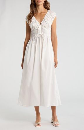 Wayf Liv Ruched Stretch Cotton Poplin Midi Dress in Ivory at Nordstrom, Size X-Small