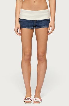 Edikted Foldover Knit Waist Denim Micro Shorts in Dark-Blue at Nordstrom, Size Medium