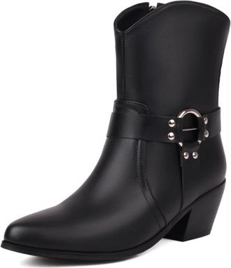 Generic Womens Western Pointed Toe Mid-Calf Faux Leather Boots Metal Buckle Strap Side Zip Block Heels Solid Color Durable Stylish Design,Black,5.5 UK