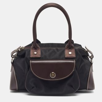 Lancel Front Pocket Black/dark Brown Nylon And Leather Satchel