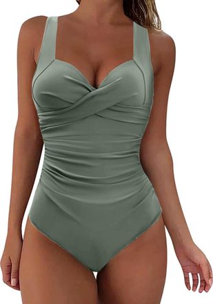 Generic Swimsuit Womens Tummy Control Monokini Womens Sexy Swimsuits Black Curvy Swimwear Push Up Monokinis Shape Swimwear Green Plain V Neck One Piece Swimwe